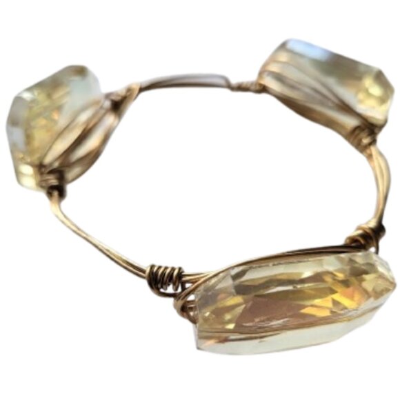 HAND CRAFTED Light Yellow Gold Glass Stone Wire Wrapped Cuff Bangle Bracelet - Picture 3 of 5